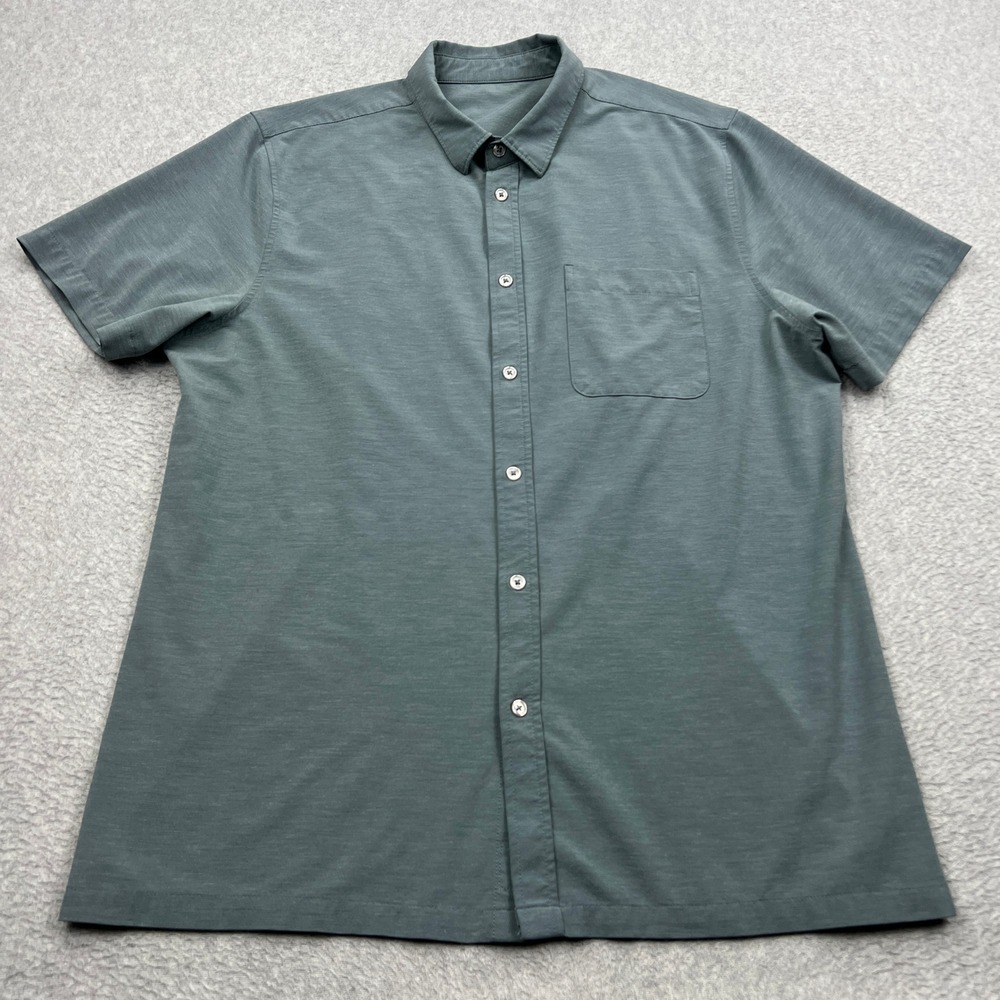 Vuori Bridge Button Up Shirt Mens XL Blue Teal Short Sleeve Stretch Pocket V184